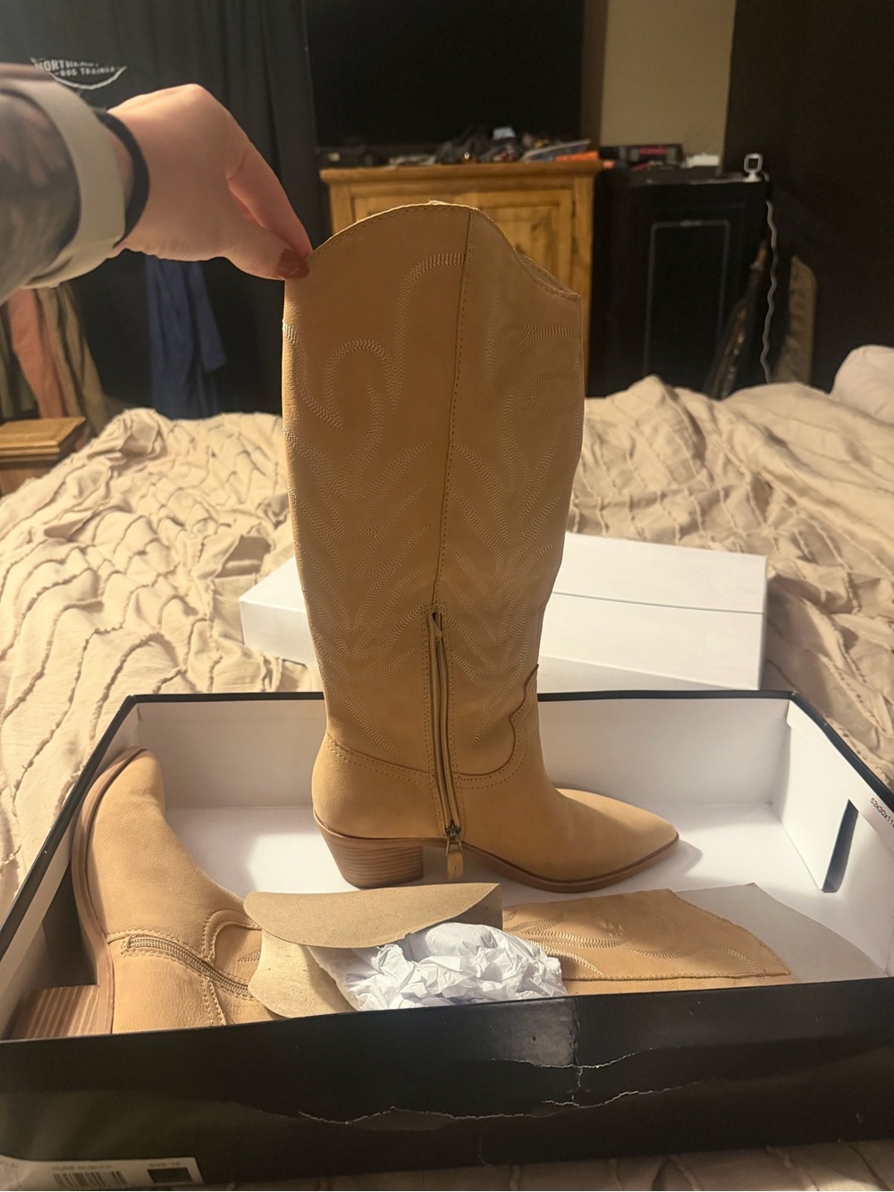 Dolce Vita Tan Western-Inspired Mid-Calf Heeled Boots